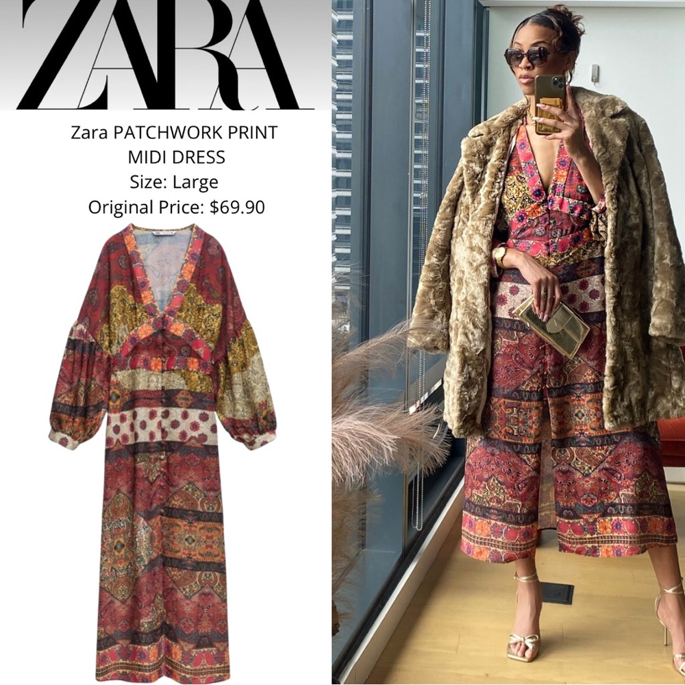 Zara PATCHWORK PRINT MIDI DRESS